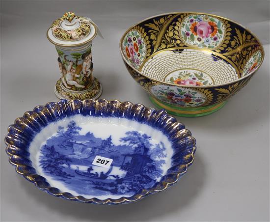 A Naples lidded pot, a floral gilt bowl and flow blue dish